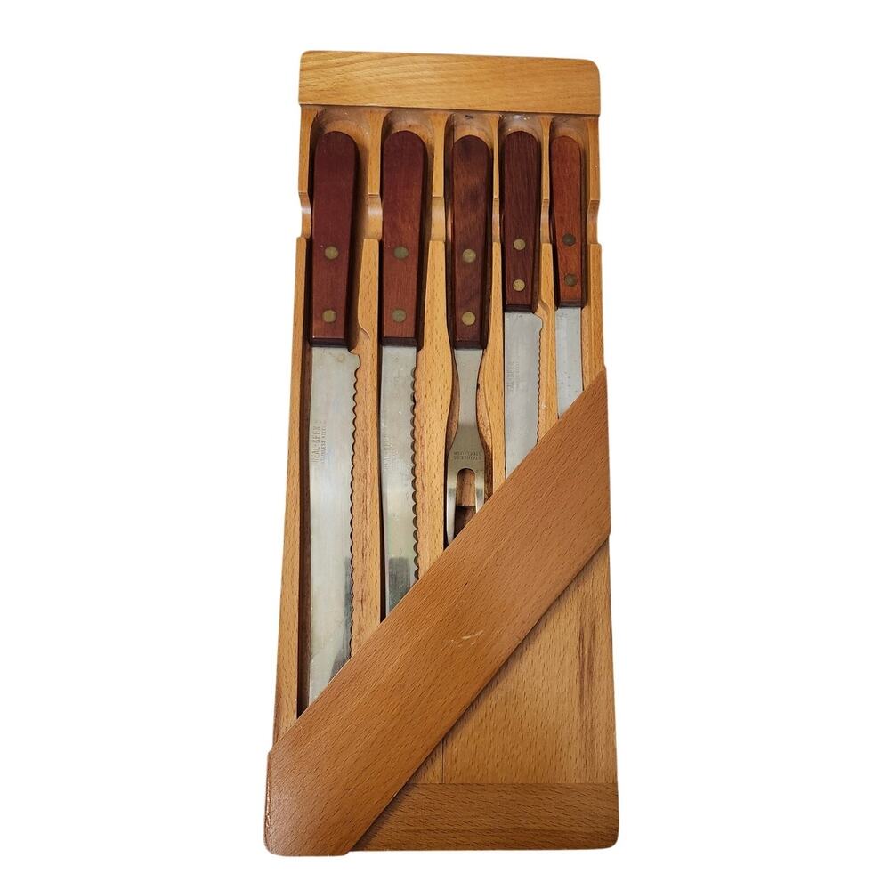 Vintage Real-Keen Wall Hanging Wood Case Knife Set 5 Pc Roast Fork
